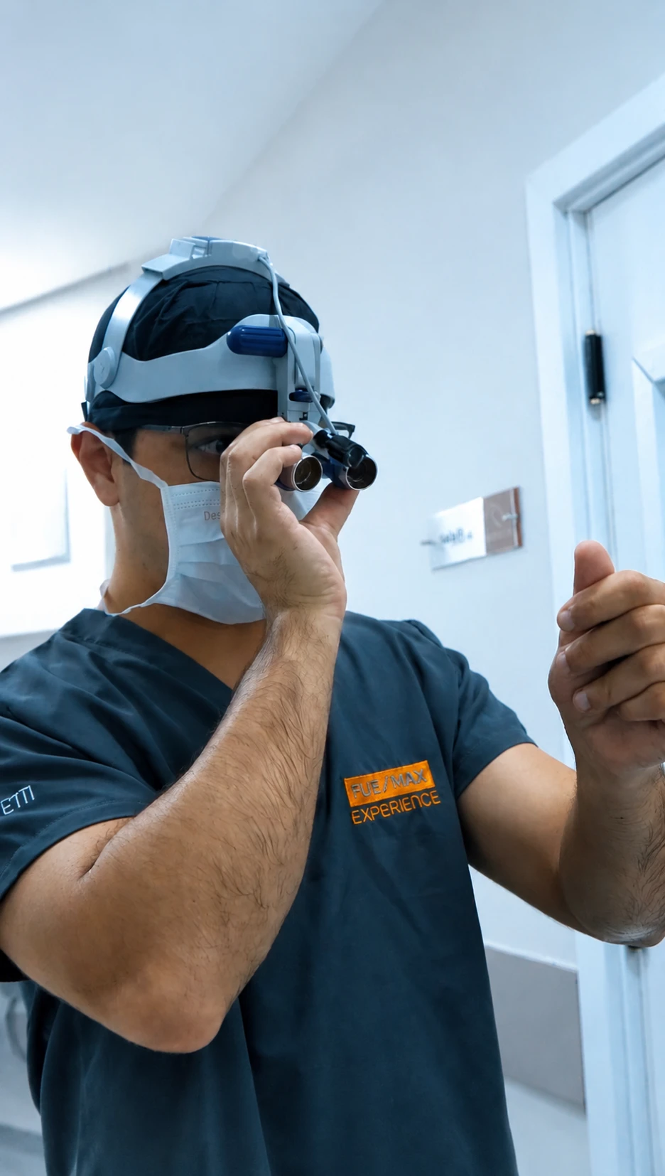 Dr. Victor Taborda ajustando as lupas cirúrgicas antes do transplante capilar